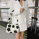 Fashion Flower Print Shoulder Bag Women Winter Plush Small Handbags (Black)