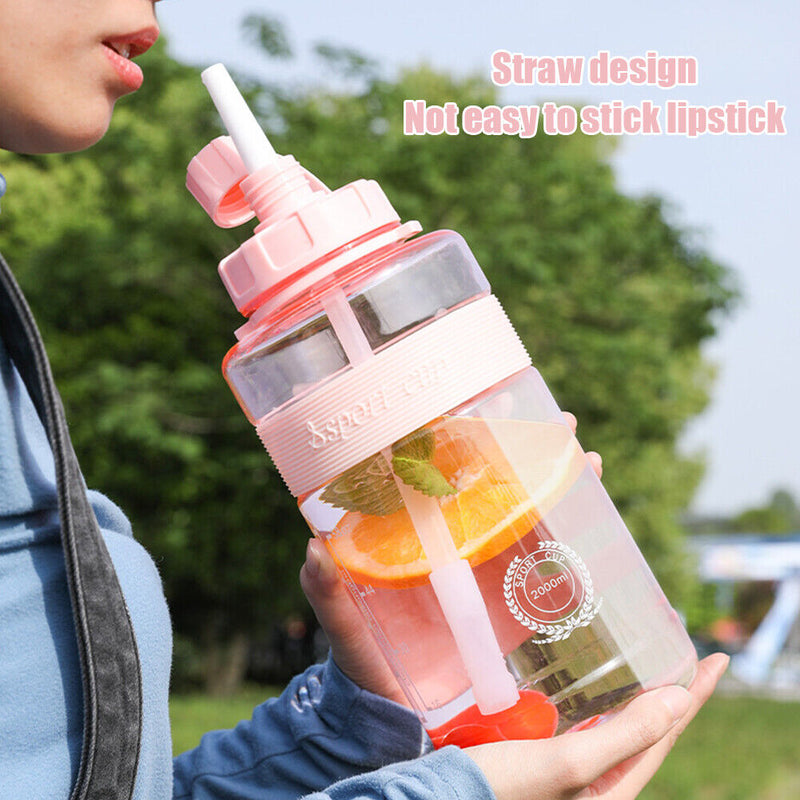 Portable Women Summer Gym Water Bottle Straw Large Capacity (Pink 2000ml)