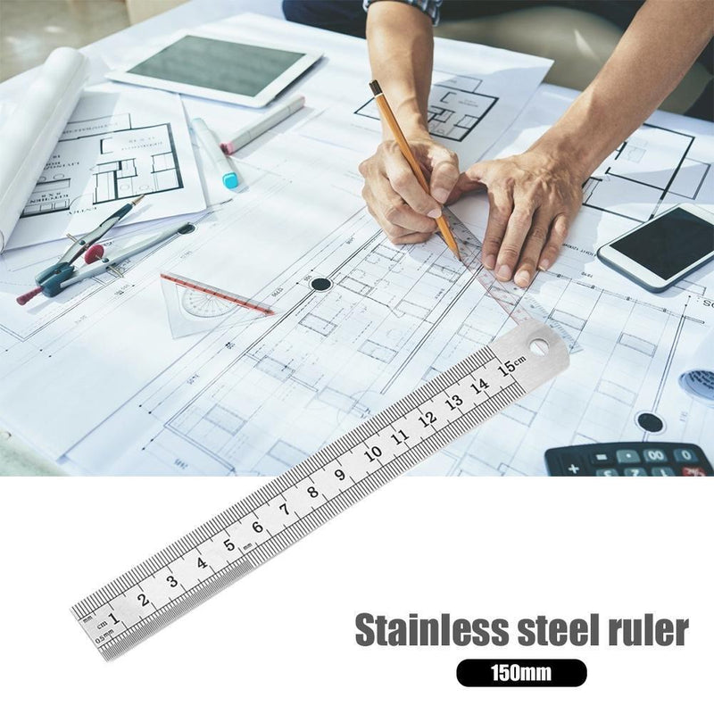 Stainless Steel Metal Straight Ruler Double Sided Measuring Tool (150mm) Newly