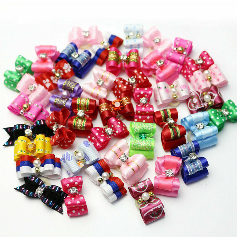 10x Cute Assorted Pet Hair Bows Rubber Band Dog Cat Access Puppy Headdress L3O6