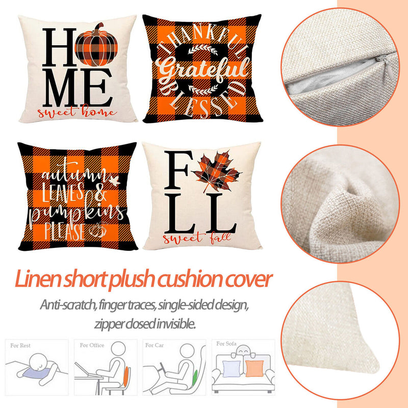 Throw Pillow Covers - 4-Piece Pumpkin Maple Leaf Plaid Print Zipper Pillowcase