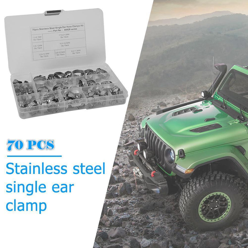 70pcs 7 Sizes Stainless Steel Single Ear Hose Clamps Fuel Air Pipe O Clips Newly