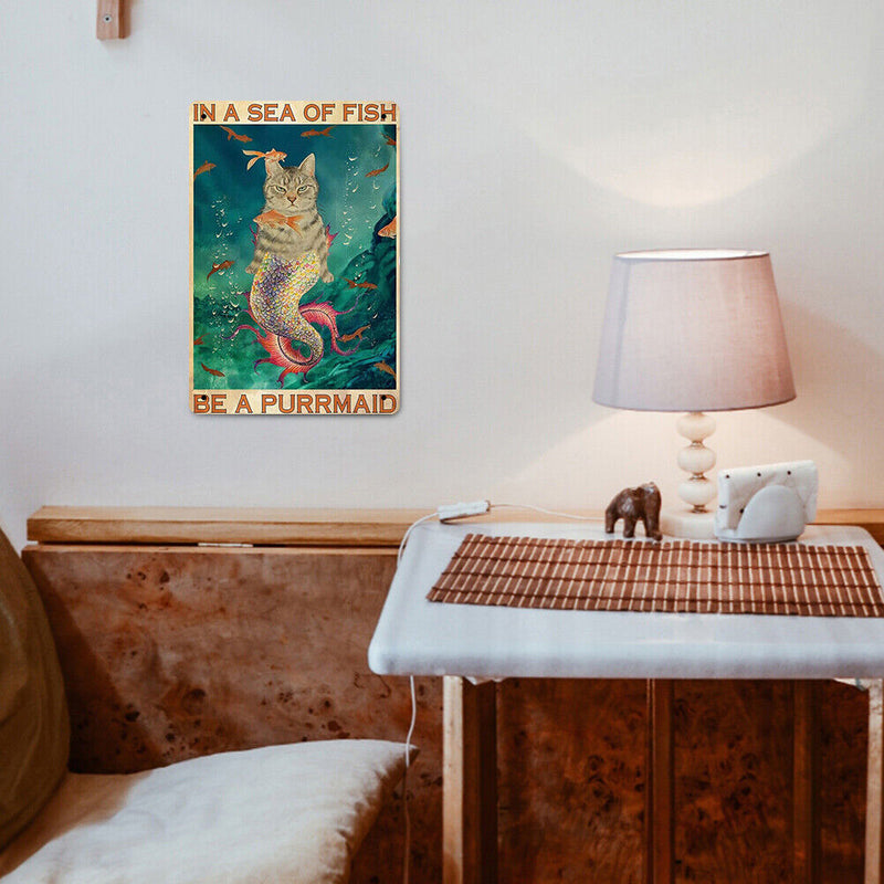 Retro Mermaid Cat Metal Plate Painting for Bar Pub Tin Plaques Wall Sign