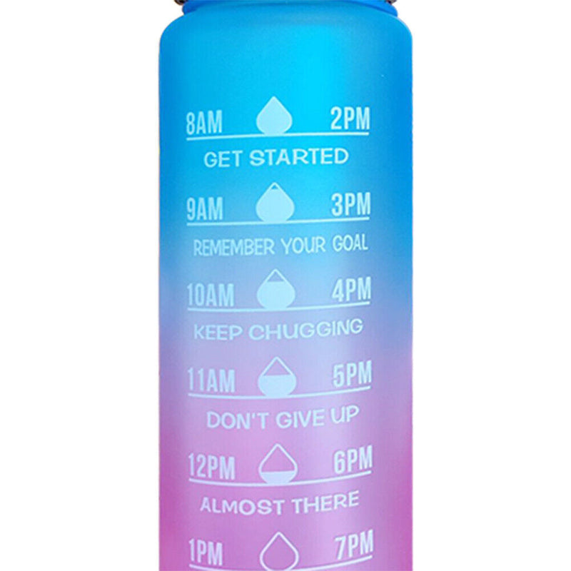 1000ml Sports Water Bottle Time Marker Outdoor Portable Cups (Blue Lid) Newly