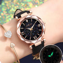 PU Leather Strap Quartz Watch Women Star Sky Round Dial Wristwatch (Black) Newly