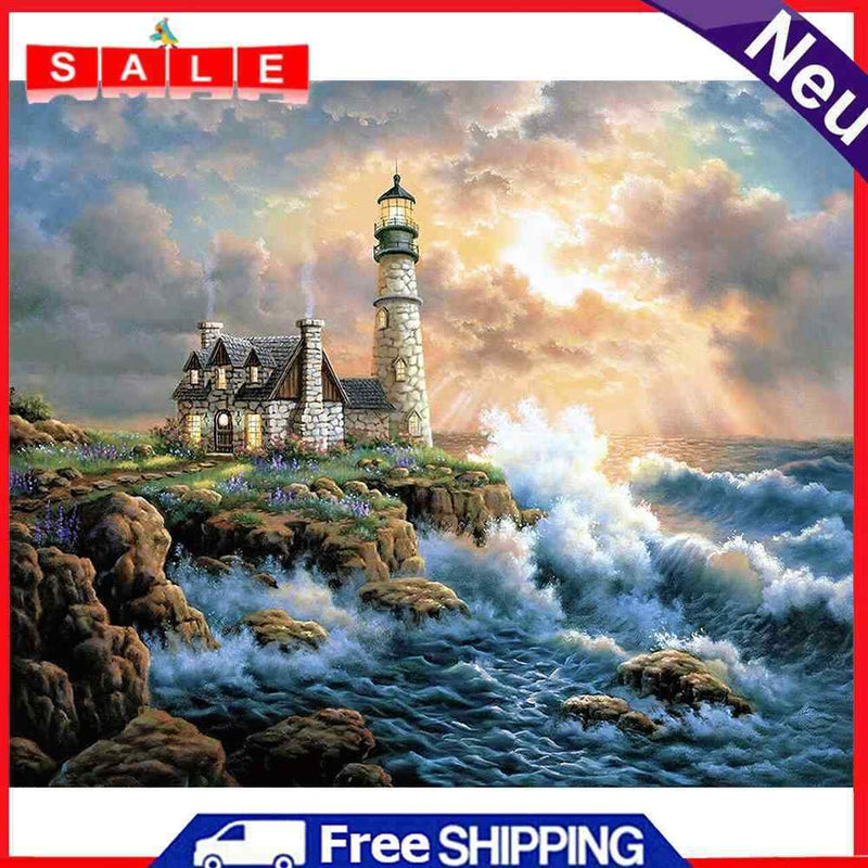 5D DIY Full Drill Diamond Painting Beach Lighthouse Rhinestone Canvas Pictures