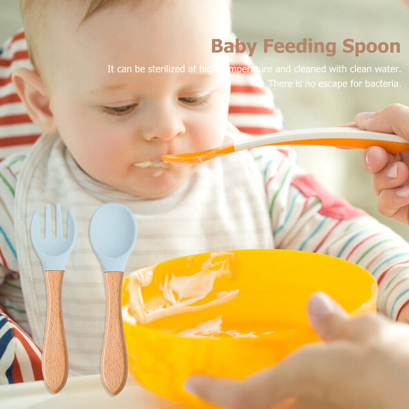 Baby Wooden Silicone Feeding Spoon Toddlers BPA-free Tableware (5) Newly