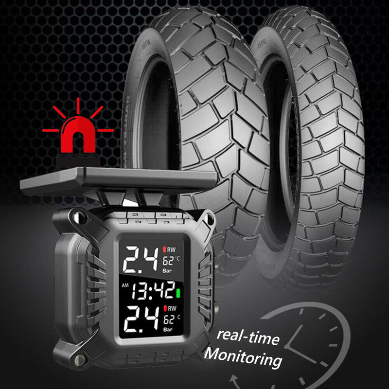 Solar Motorcycle TPMS Tire Pressure Monitoring System with 2 External Sensors