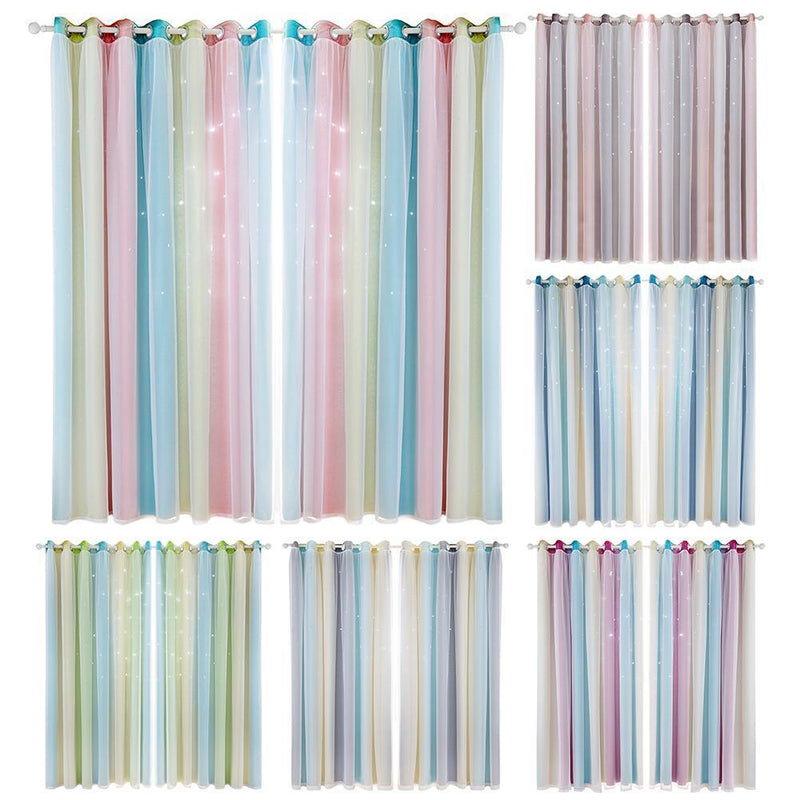 Gradient Hollow Star Curtain Bedroom Full Blackout Window Drapes (Purple)