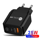 25W PD QC3.0 Mobile Phone Wall Charging USB Type C Fast Charger (Black EU) Newly