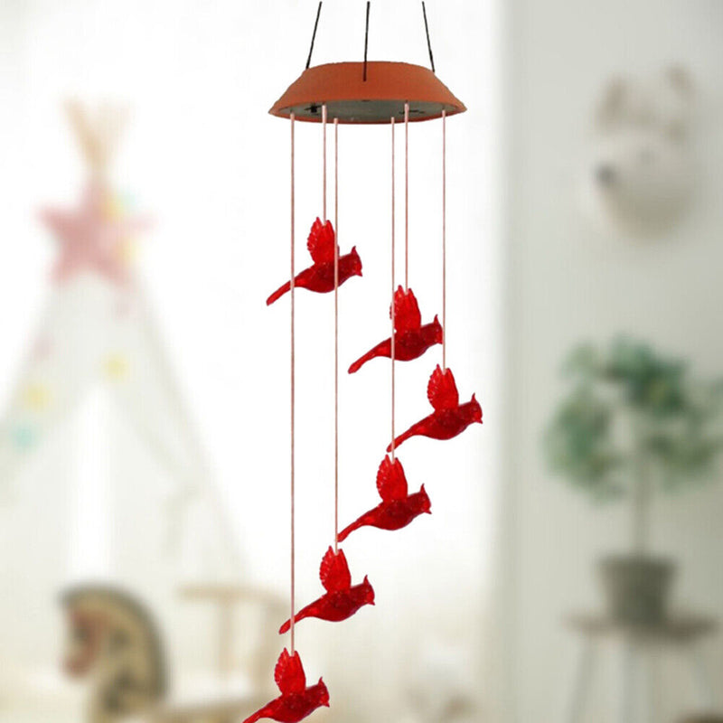 Solar Power Color Changing Wind Chime Lamps Garden Red Bird Pendant Light