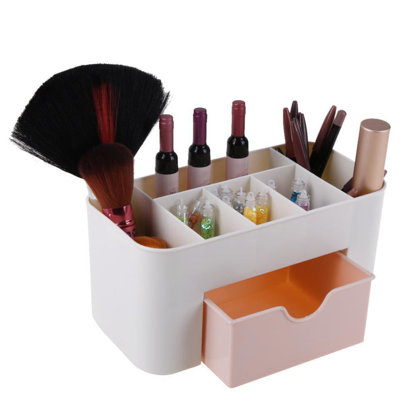 Desktop 6 Grid Makeup Organizer Storage Cosmetic Case with Drawer(Pink)