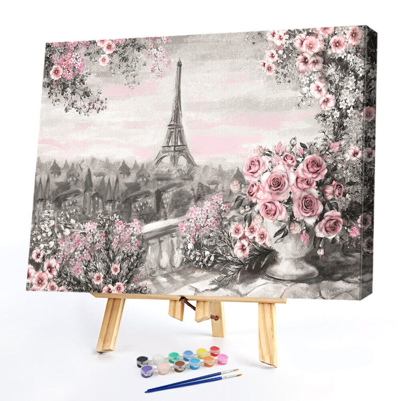 DIY Paint By Number Kit Iron Tower Pink Flowers No Frame Home Decoration