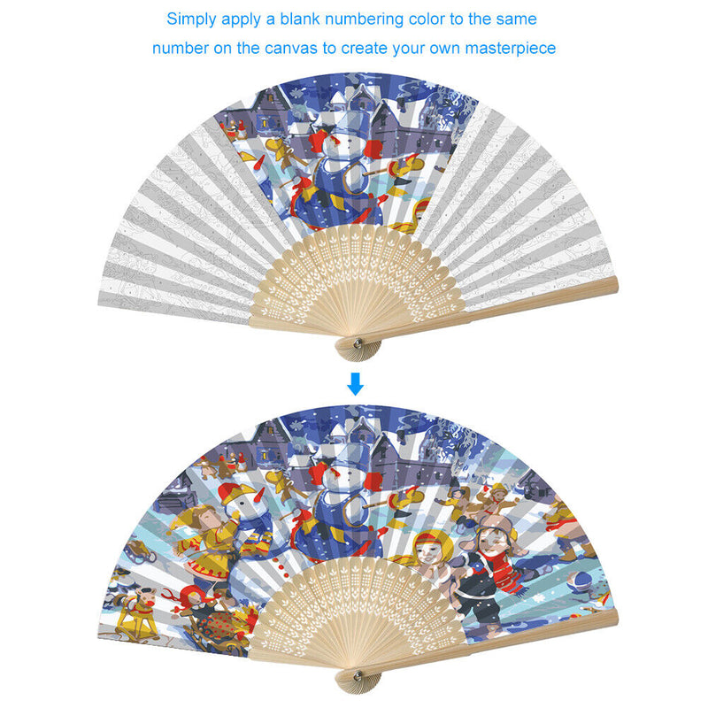 Hand Painted Folding Fan Oil Paint By Numbers DIY Snowman Kid Drawing Craft Gift