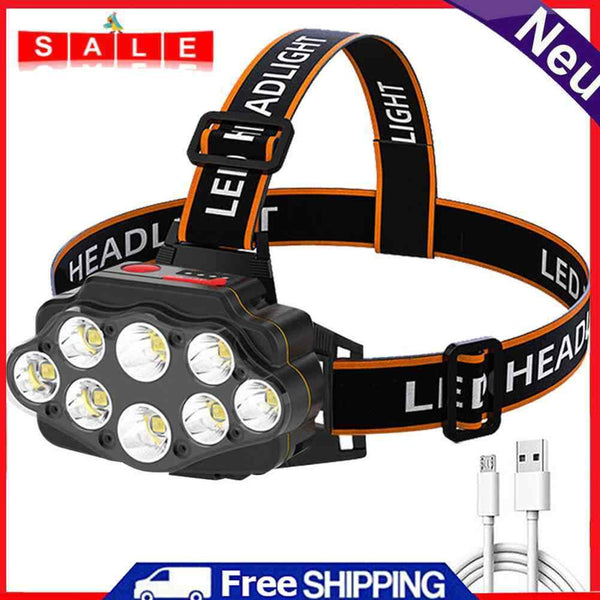 8LED Portable USB Rechargeable Headlight 2400mAh Power Display Head-Wear Torch