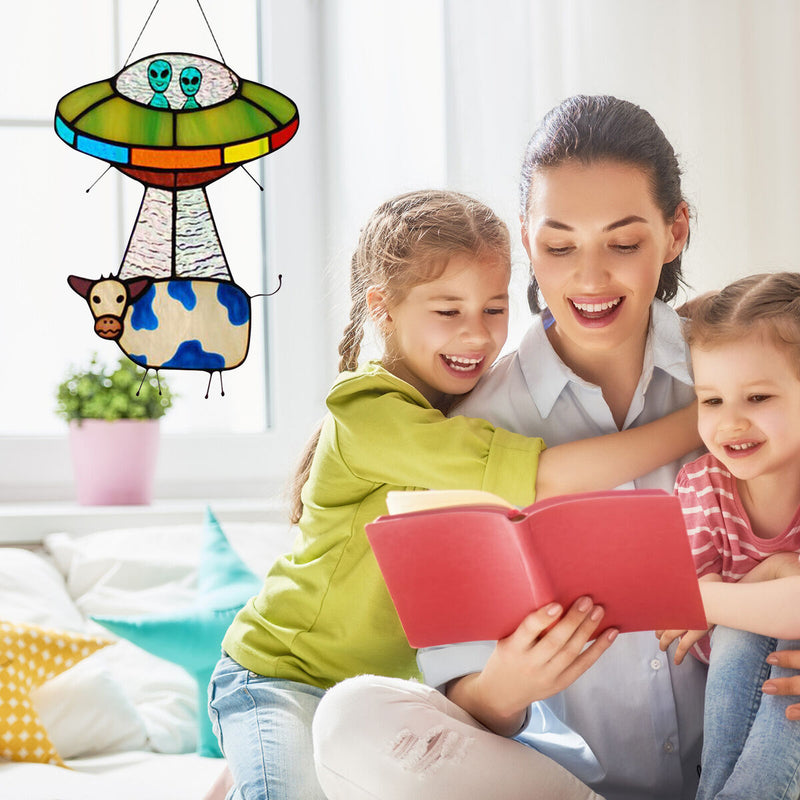 UFO Alien Cow Sign, Window Hanging Suncatcher, Cute Ornaments for Kids Bedroom