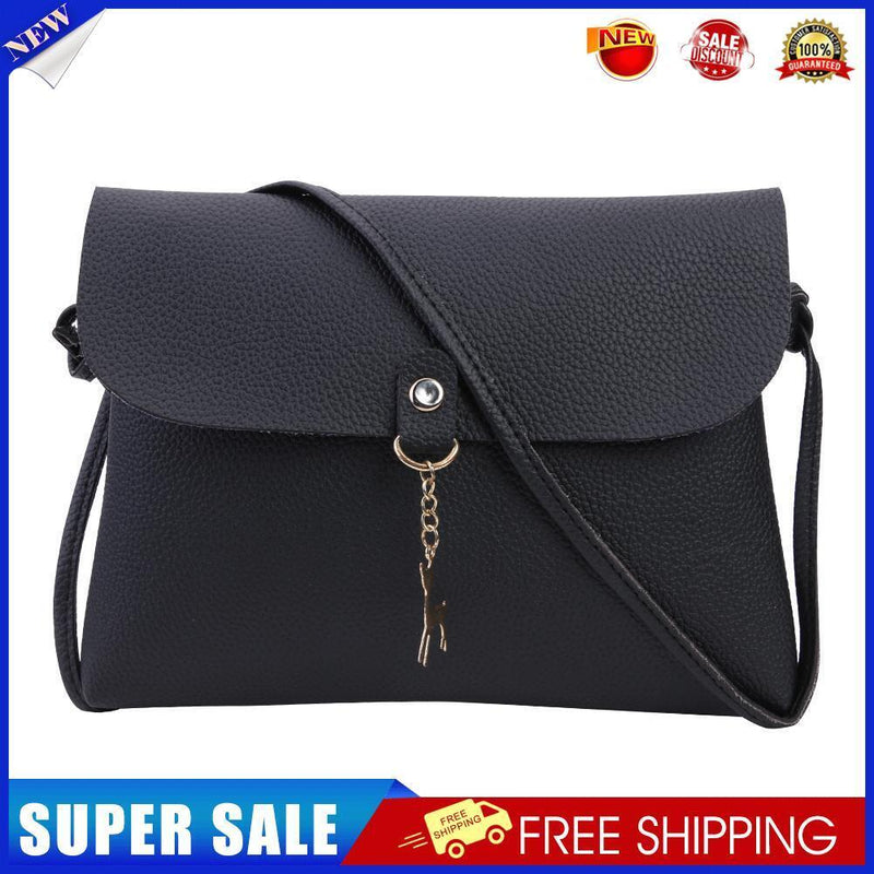 Simple Pure Color Deer Pendant Shoulder Handbag Women Crossbody Bag (Black)