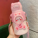 #A Cartoon Straw Thermal Water Bottle with Shoulder Straps Leak-proof Insulated