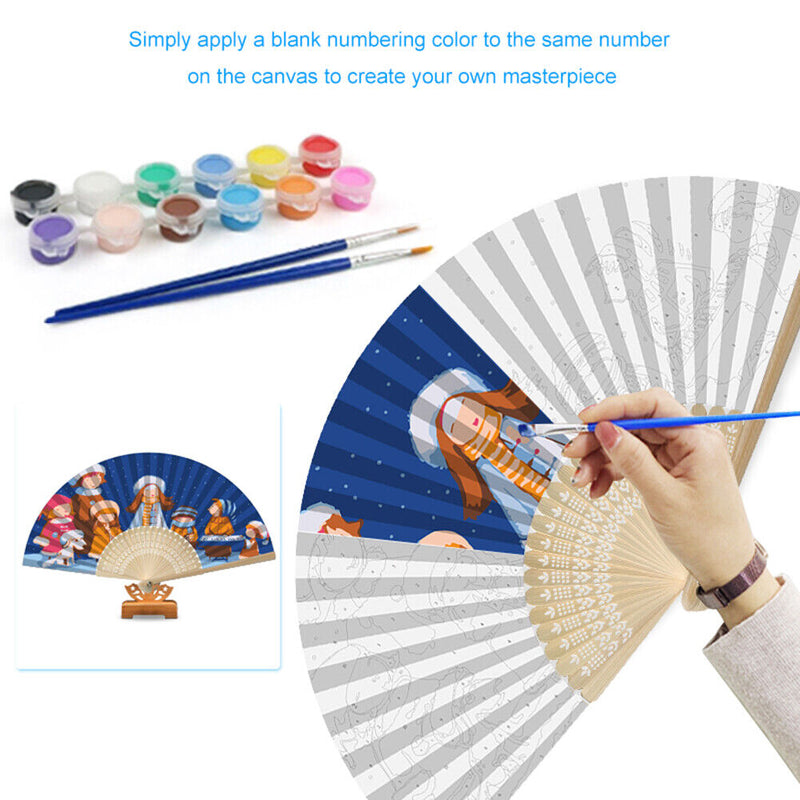 Hand Painted Folding Fan Oil Paint By Numbers DIY Kid Concert Draw Picture Gift
