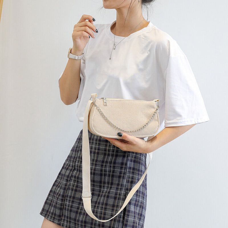 Fashion Corduroy Crossbody Bag Women Solid Chain Shoulder Handbags (Khaki)