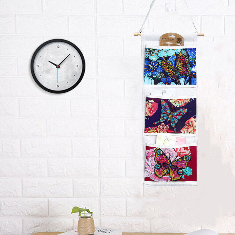 Butterfly Diamond Painting Wall Hanging Storage Bag 3 Pockets White (AA993)