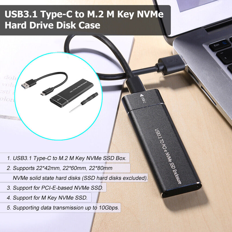 USB Type-C M.2 NVMe SSD Enclosure M-Key PCI-E Case (Black USB-A to USB-C)