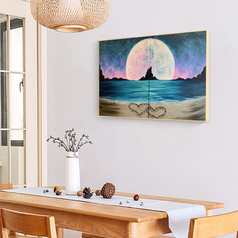 2 Panels Beach Hearts Moon Oil Paint By Numbers Wall Art Craft Home Decorat
