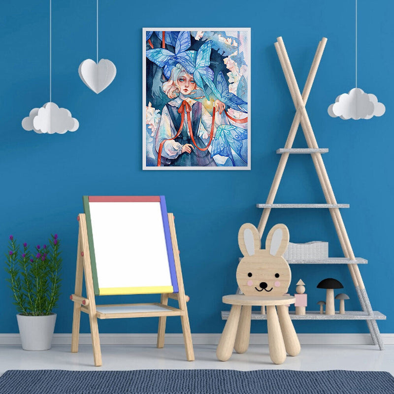 Blue Butterfly Girl Oil Paint By Numbers Kits Canvas Picture Wall Art DIY