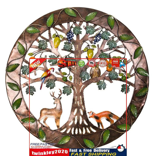 Iron Wall Sculptures-Metal Round Wall Decor with Tree Deer Fox Home Decor Newly