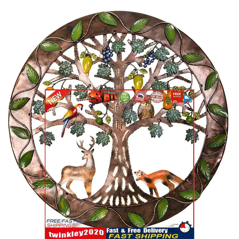 Iron Wall Sculptures-Metal Round Wall Decor with Tree Deer Fox Home Decor Newly