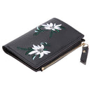 Flowers Embroid Women Short Wallet PU Leather Coin Card Holder Clutch/Black