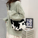 Female Fluffy Fashion Cow Pattern Shoulder Bag Autumn Winter Phone Bag Handbag