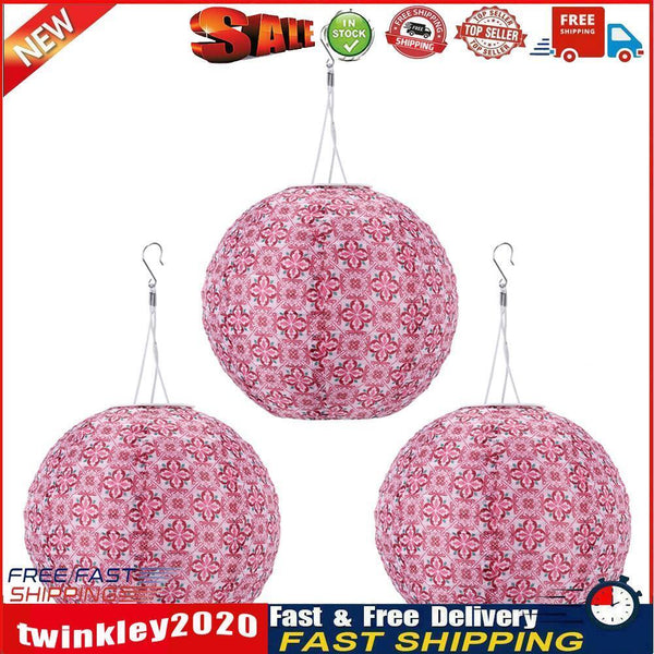 3pcs LED Round Solar Lantern Printed Waterproof Hanging Decor (Red Flower) Newly