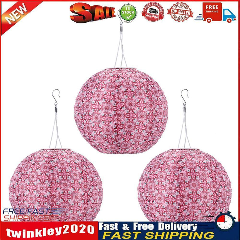 3pcs LED Round Solar Lantern Printed Waterproof Hanging Decor (Red Flower) Newly