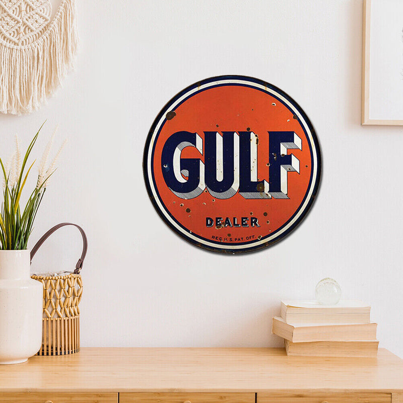 GULF Letter Metal Tin Painting Retro Round Tin Plate for Cafe Garage Decoration