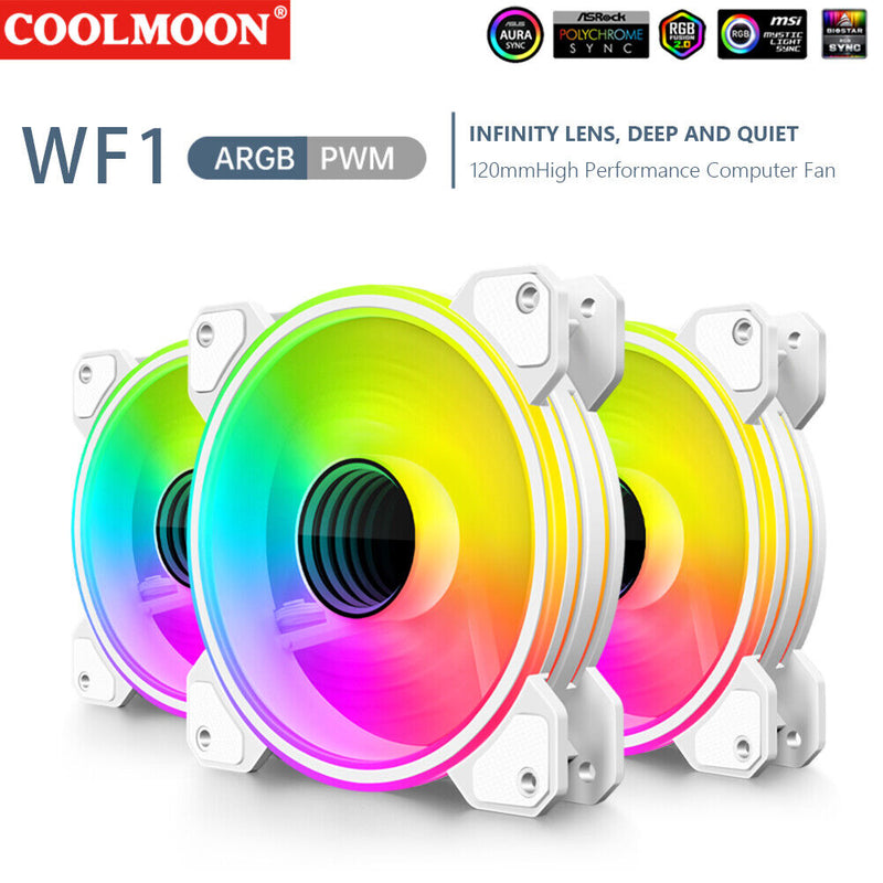 COOLMOON 12cm Silent 4Pin PWM 5V 3Pin ARGB Aura Sync Case Cooling Fan White