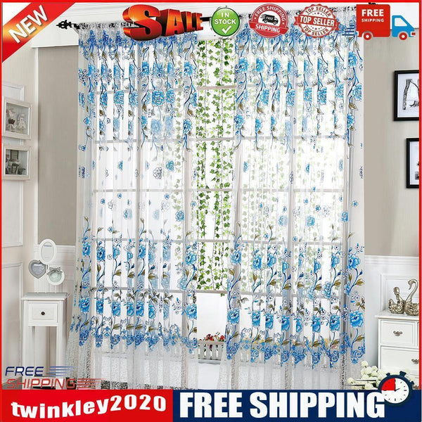 2pcs Peony Curtain Living Room Bedroom Home Door Window Curtain (Blue)