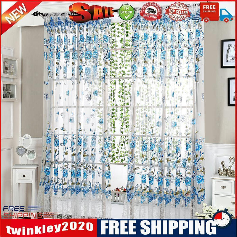 2pcs Peony Curtain Living Room Bedroom Home Door Window Curtain (Blue)