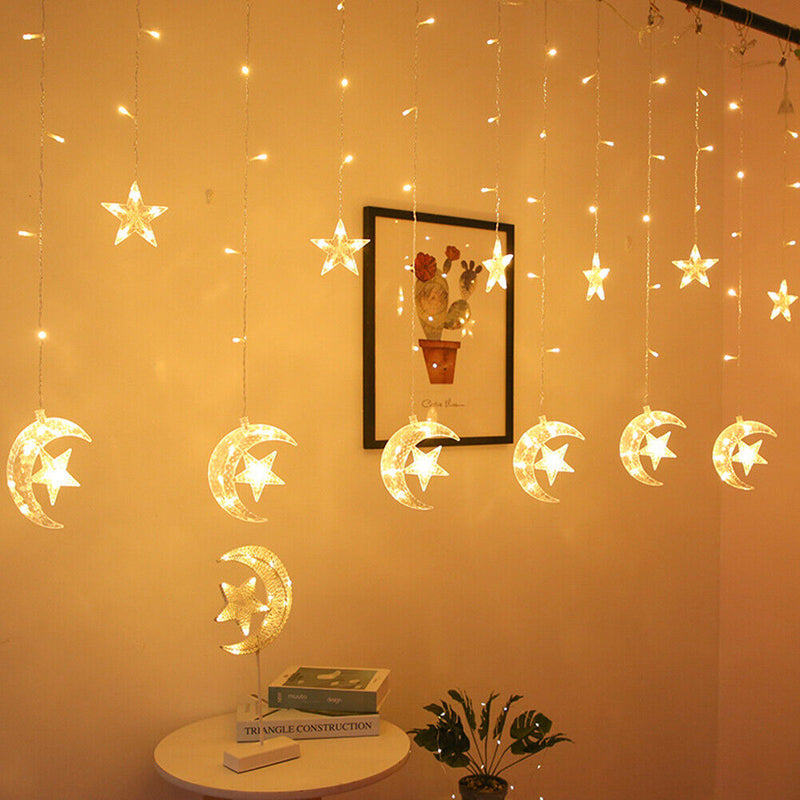 Star Moon LED String Lights Festival Holiday Garland Fairy Curtain Home Dec