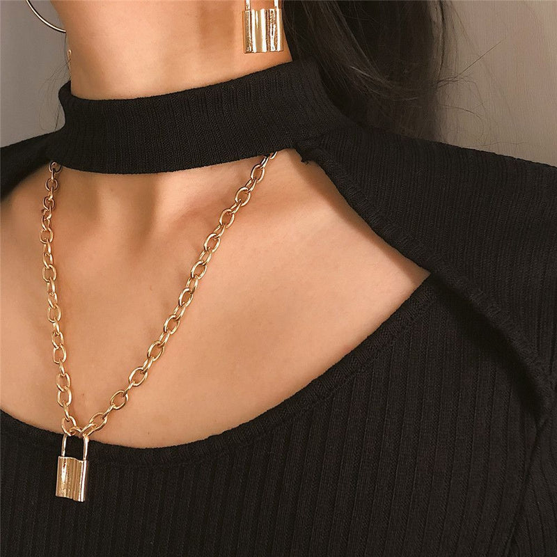 Steel  Chain Collar Statement Punk Choker Long Chain PadLock Pendant Necklace