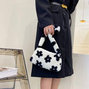 Fashion Women Plush Flower Print Shoulder Bag Casual Small Purse (White)