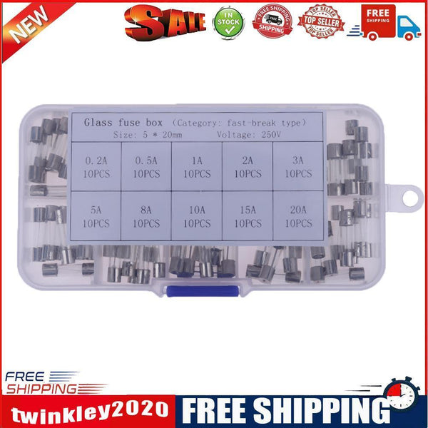 10pcsx10 Values 5x20mm 0.2A-20A 250V Quick Blow Glass Tube Fuse Kit Box