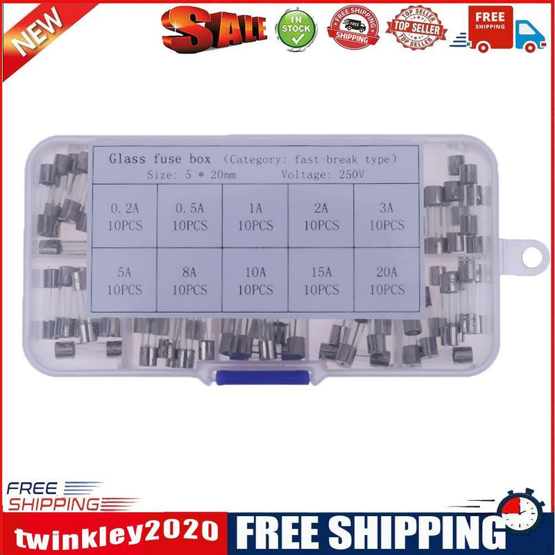10pcsx10 Values 5x20mm 0.2A-20A 250V Quick Blow Glass Tube Fuse Kit Box