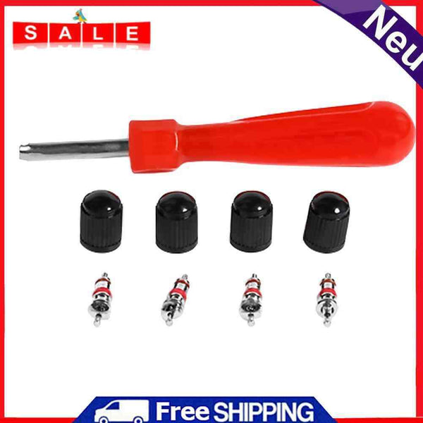 1set Tire Valve Service Kit 4 Valve Cores+4 Valve Caps+1 Screwdriver Repair Tool