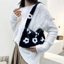 Women Flower Heart Shoulder Bag Fashion Plush Small Handbags (Black Flower)