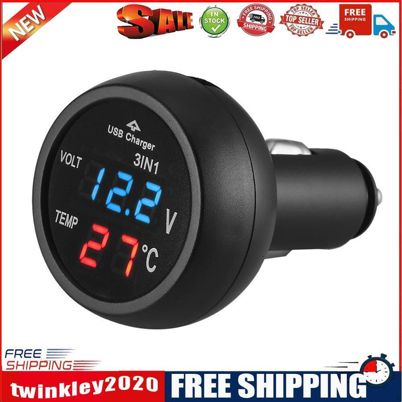 3 in 1 12/24V Car LED Digital Voltmeter Gauge+Thermometer+USB Charger(Blue)