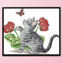 14CT Printed Partial Cross Stitch Handcraft Flower Cat Artwork Wall Decor