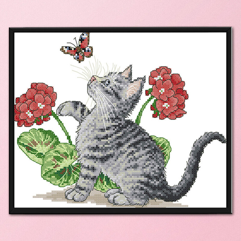 14CT Printed Partial Cross Stitch Handcraft Flower Cat Artwork Wall Decor