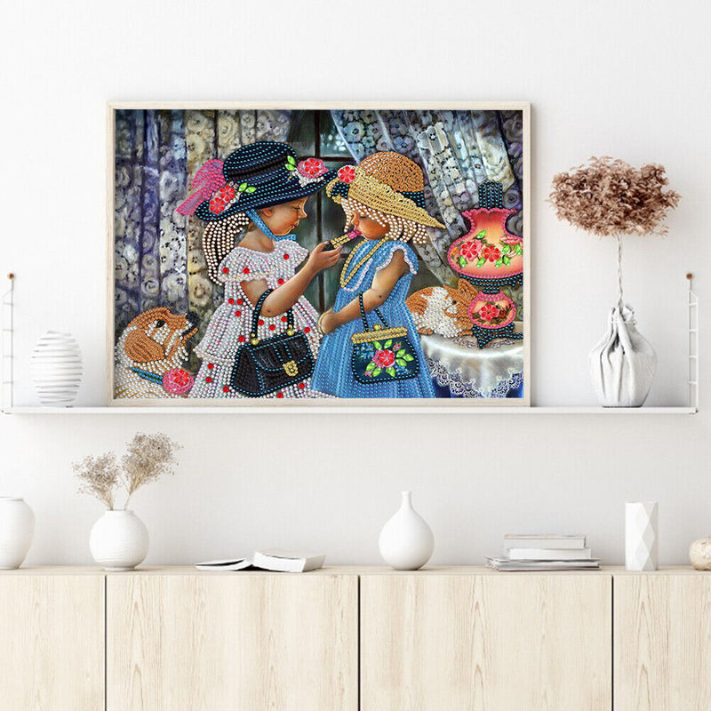 5D DIY Partial Special Shaped Drill Diamond Painting Two Little Girl Handmade