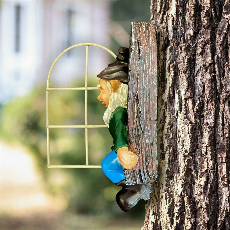 Yard Wall Art Garden Decoration Elf Gnome Window Dwarf Statue Tree Sculpture
